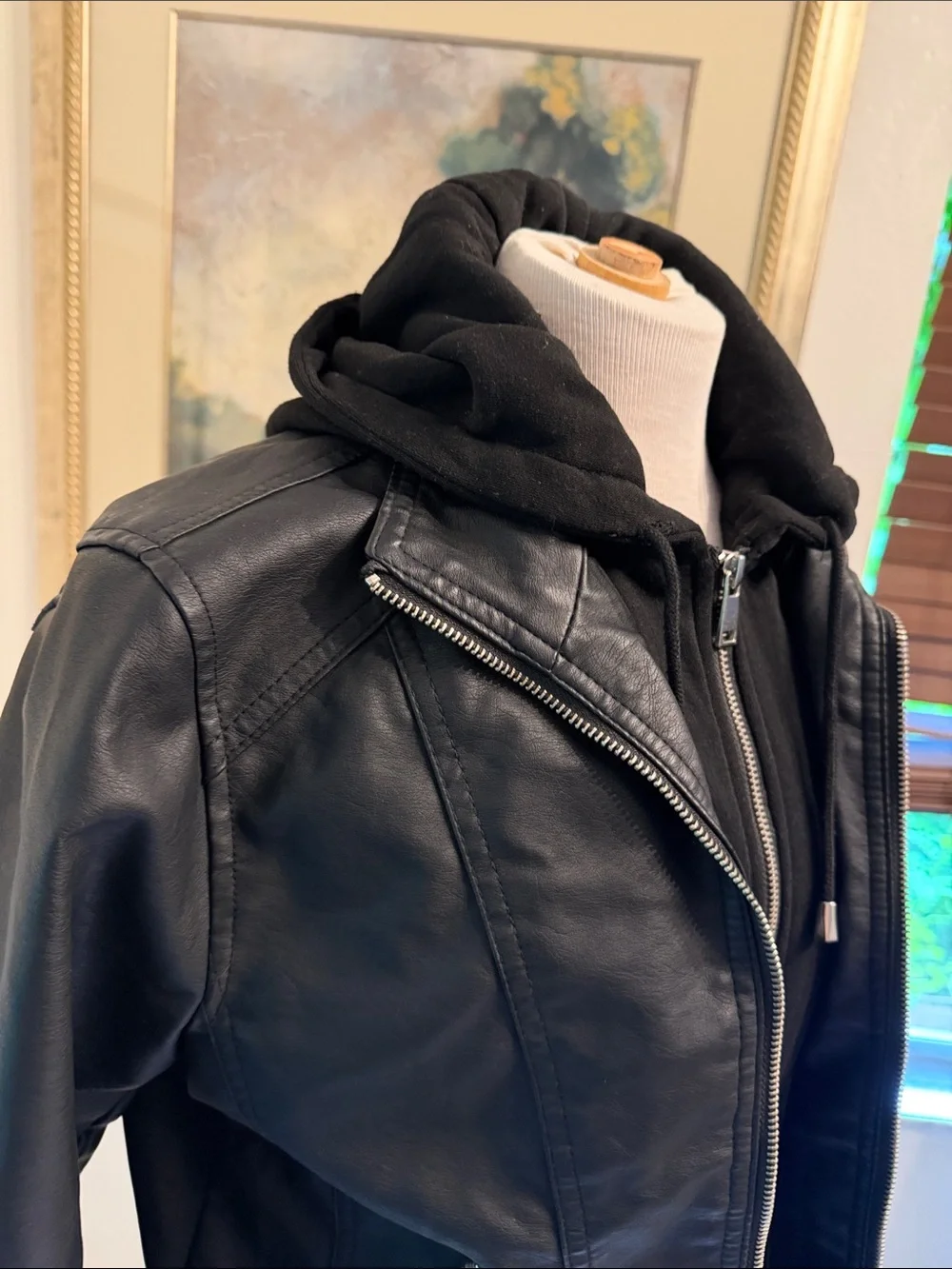 NWT Novish Collection Black Faux Leather Zip Jacket with Hoodie Layer Size MP